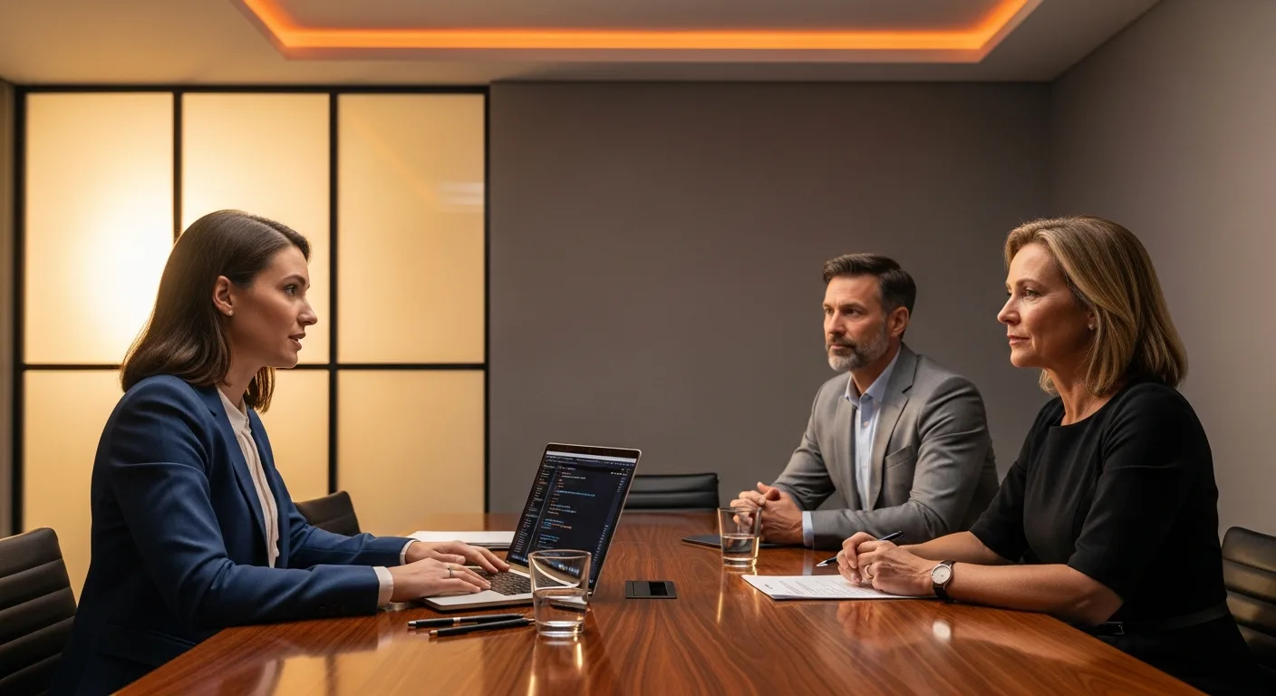 Technical interview in progress with a PHP developer candidate in a modern office conference room