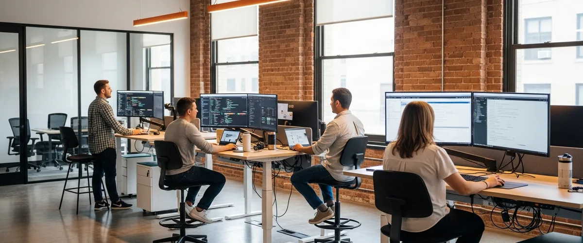 Platform engineering team collaborating at standing desks with cloud infrastructure dashboards in a modern office