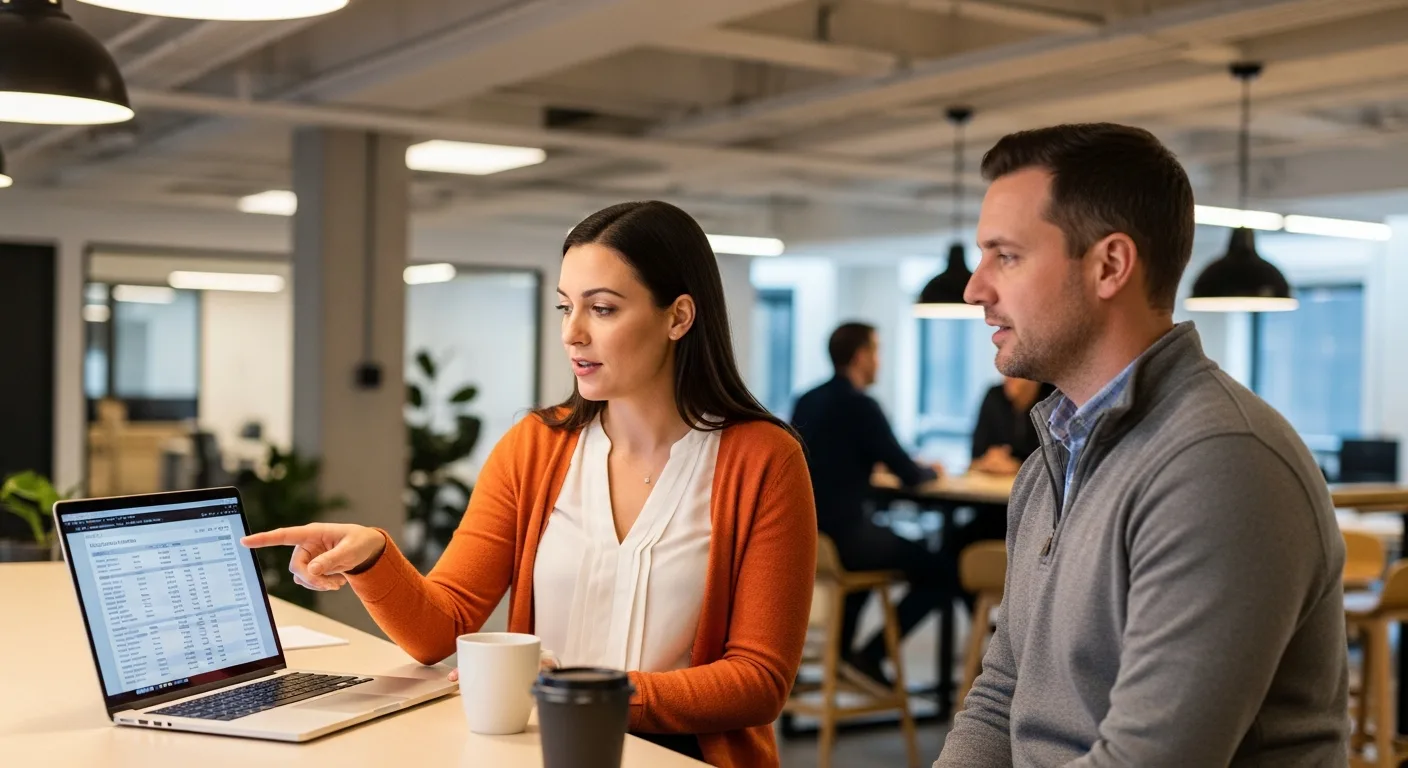 Two engineers reviewing platform engineer salary benchmarks and compensation data on a laptop