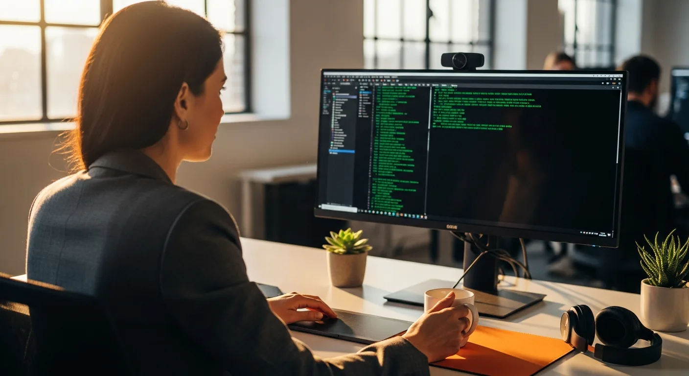 Platform engineer reviewing infrastructure code at an ultrawide monitor workstation with warm natural lighting
