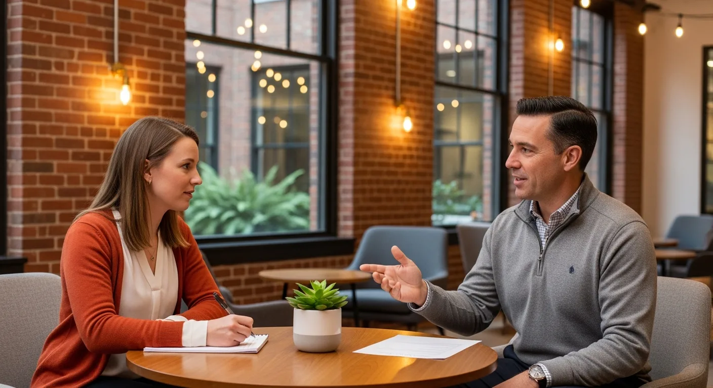 Two colleagues discussing product manager career development and salary progression in a modern tech office lounge