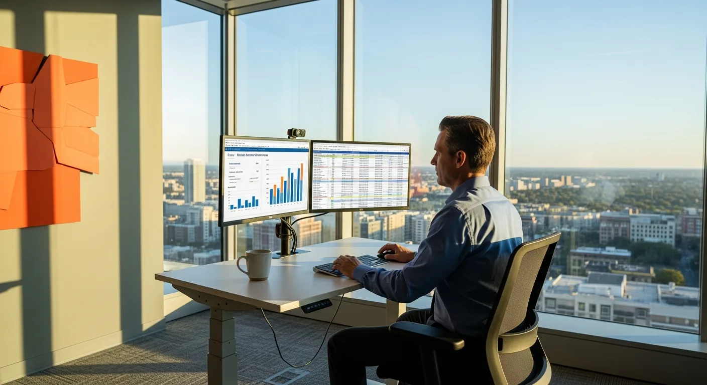 Senior executive reviewing product manager salary benchmarking data on dual monitors in corner office