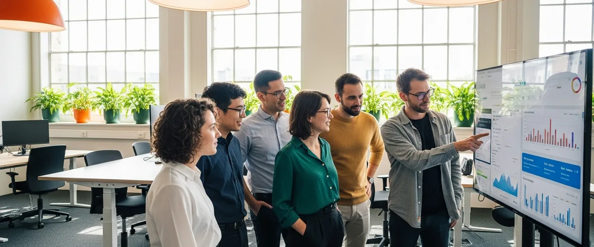 Product management team collaborating around analytics dashboard in open-plan tech office with orange accent lighting