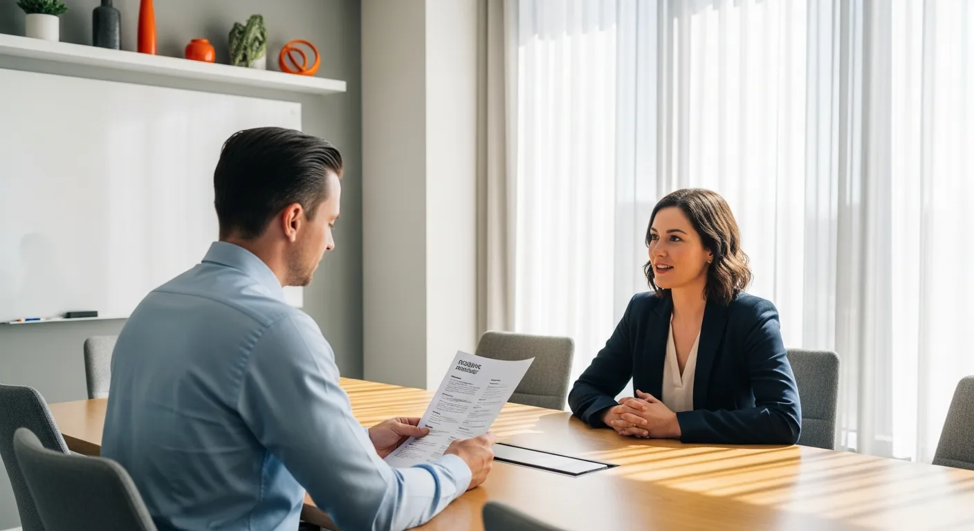 Hiring manager interviewing a product manager candidate about compensation and role expectations in a modern office