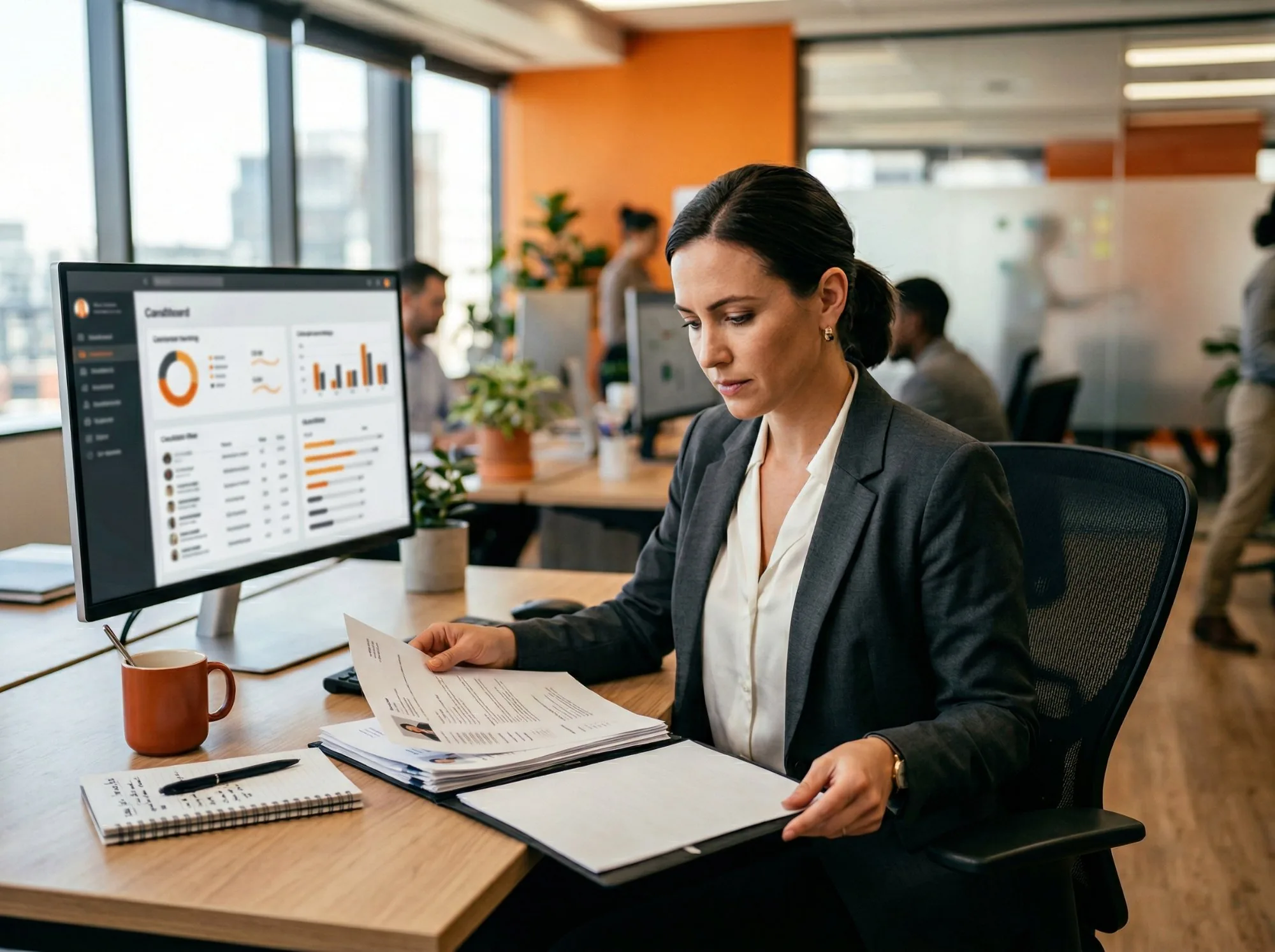Professional recruiter reviewing candidate resumes and portfolios at her desk in a modern office with a candidate tracking dashboard on screen