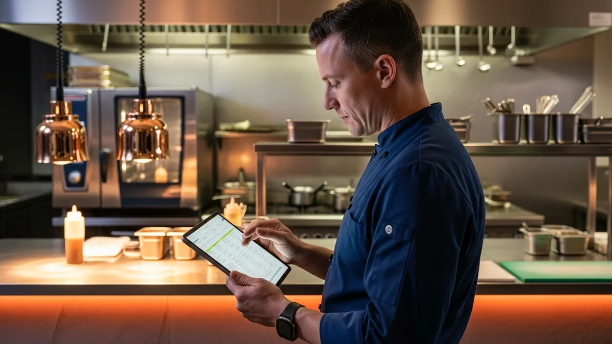 Restaurant manager reviewing payroll on tablet in a busy kitchen environment, KORE1 restaurant payroll services