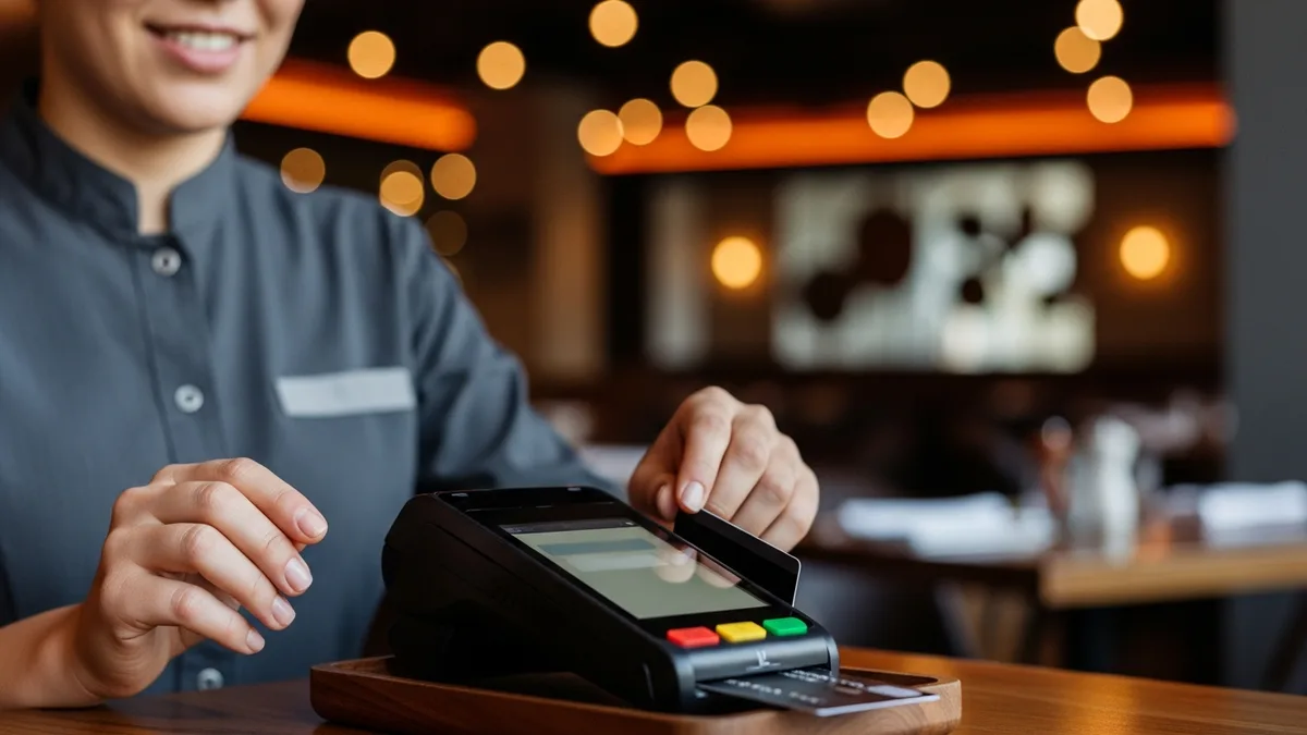 Restaurant server handling credit card payment at table, tip reporting and FLSA compliance for restaurant payroll