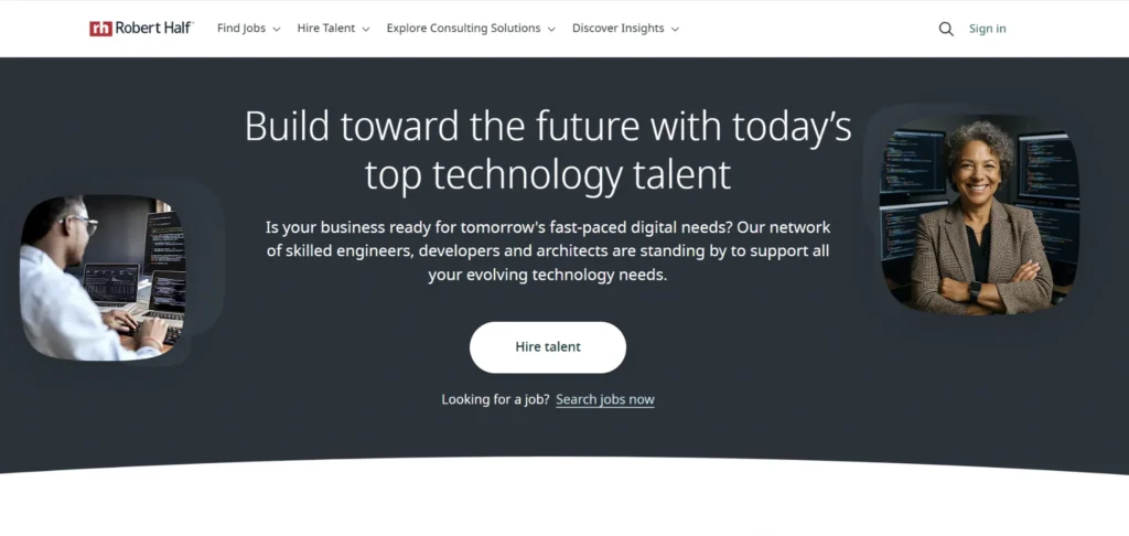 Robert Half Technology recruiting firm homepage showing technology talent hiring services for engineers developers and architects
