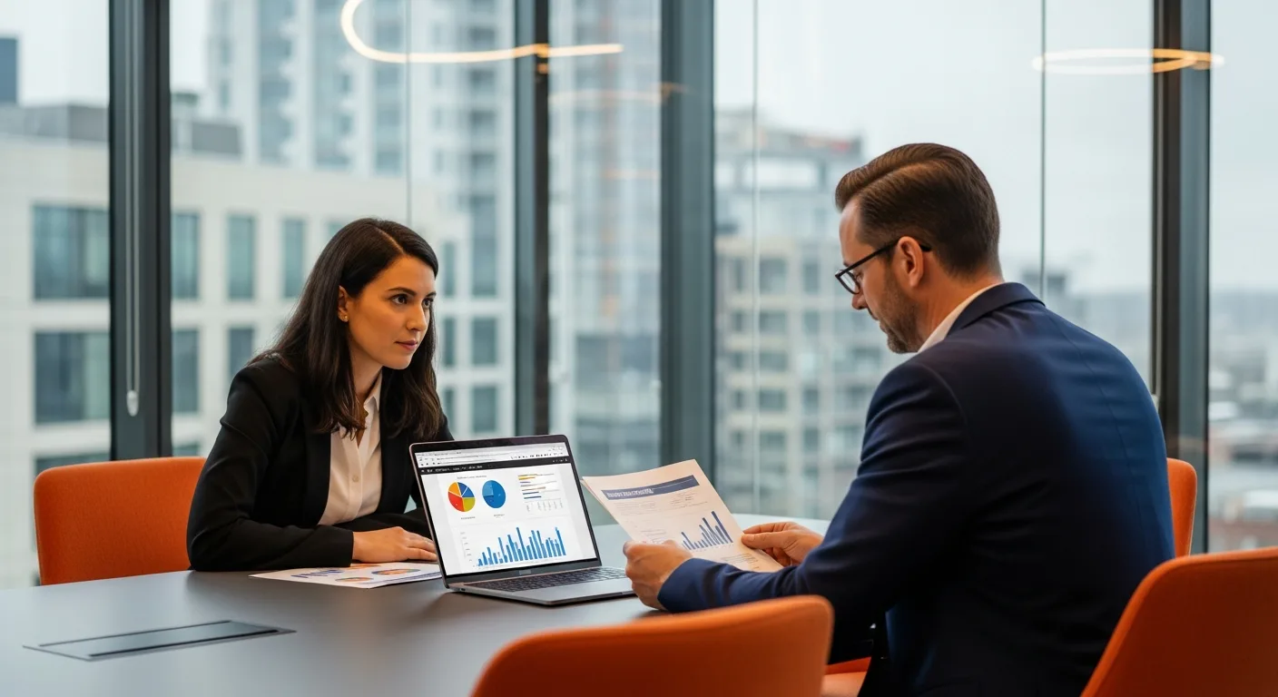 Software engineer negotiating salary with hiring manager at modern office conference table