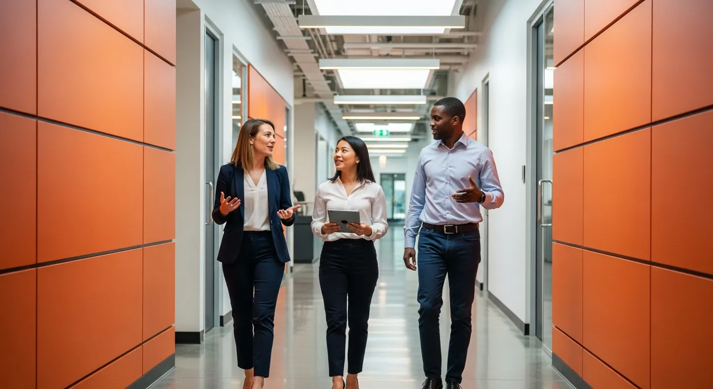Three technology professionals discussing career growth and salary advancement in office hallway