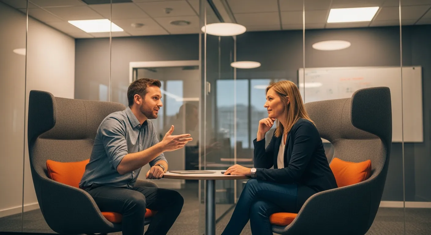 Senior DevOps engineer discussing salary raise with manager in one-on-one meeting