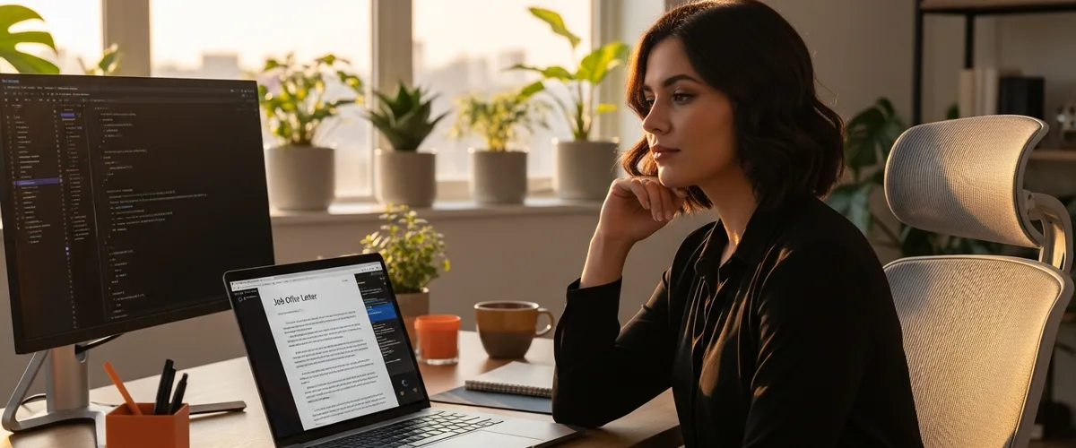 Tech professional reviewing job offer letter at home office desk for salary negotiation