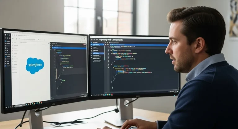Salesforce developer working on CRM customization and Apex code on a laptop screen