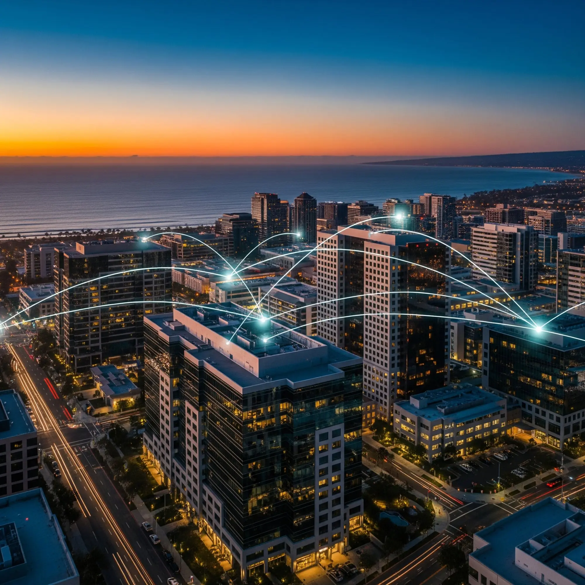 San Diego tech corridor at twilight — representing the technology market KORE1 serves