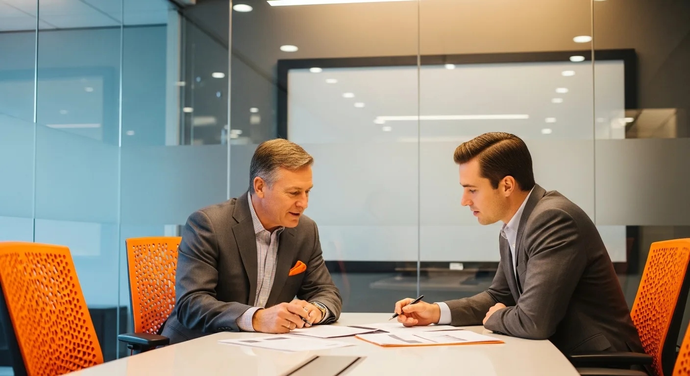 Senior professional mentoring colleague about scrum master career growth and salary advancement