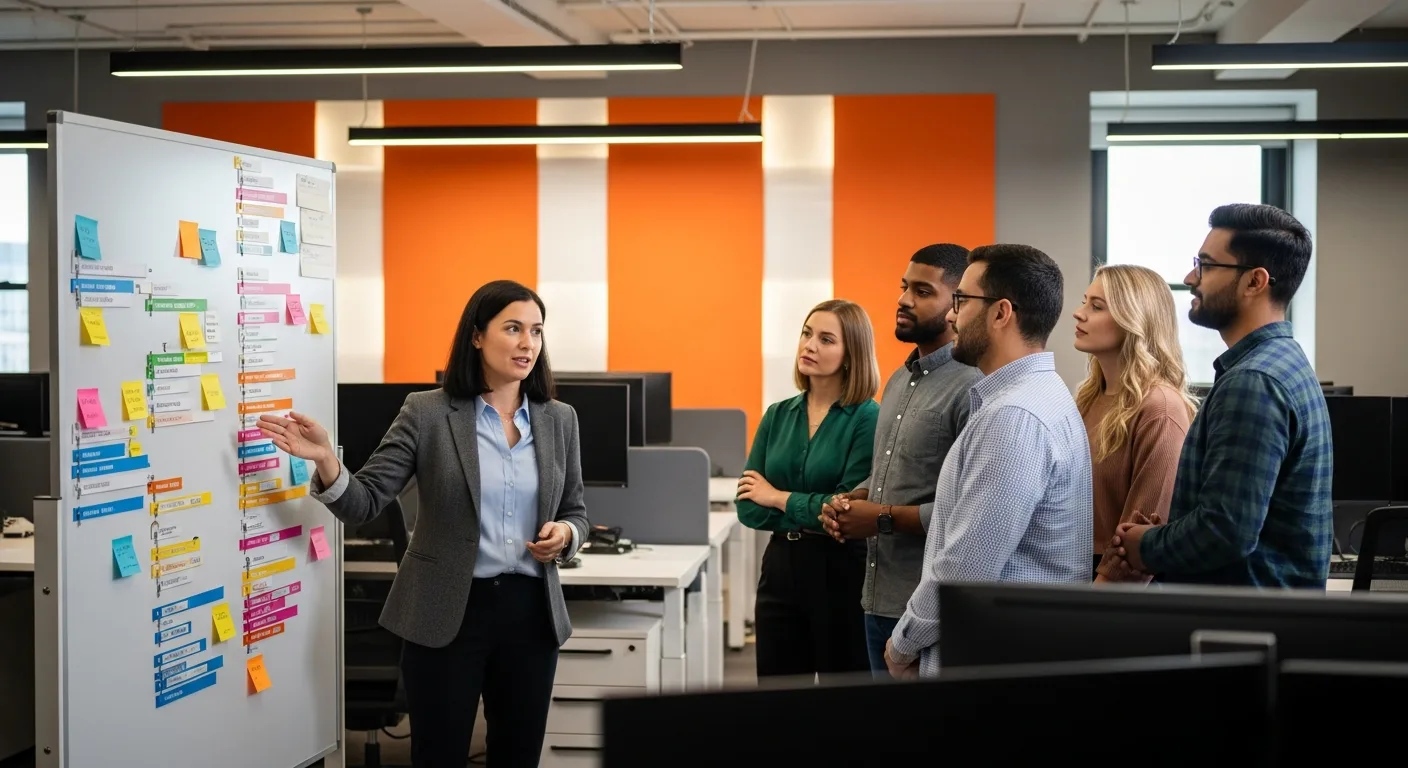 Scrum master facilitating daily standup meeting with development team around kanban board in modern office