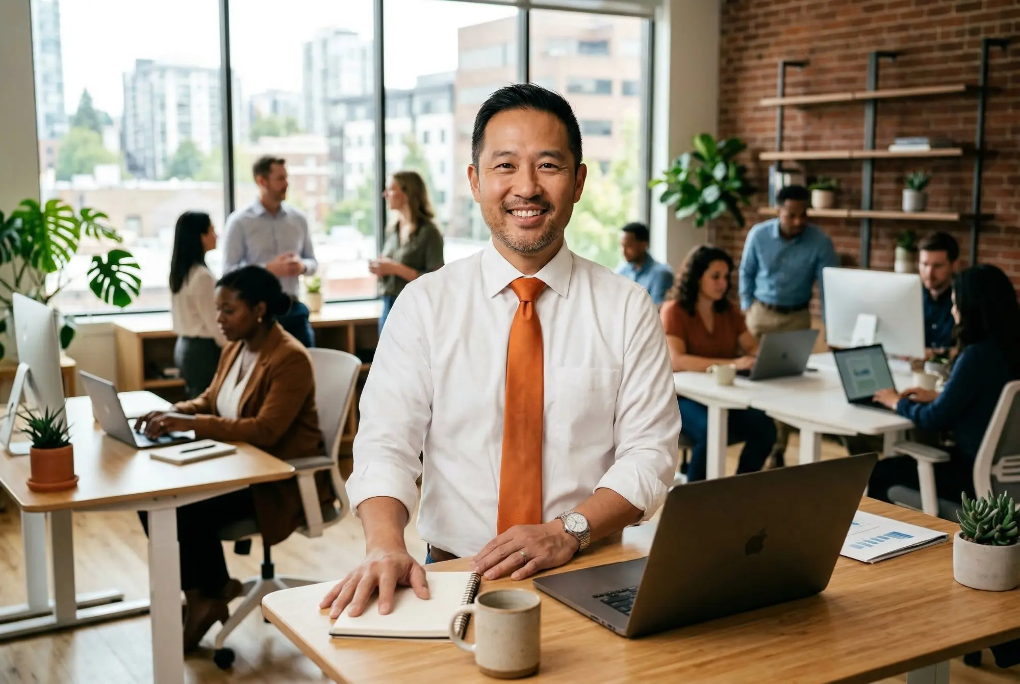 Small business owner at desk with team working in modern open office, KORE1 compliant corporate payroll services