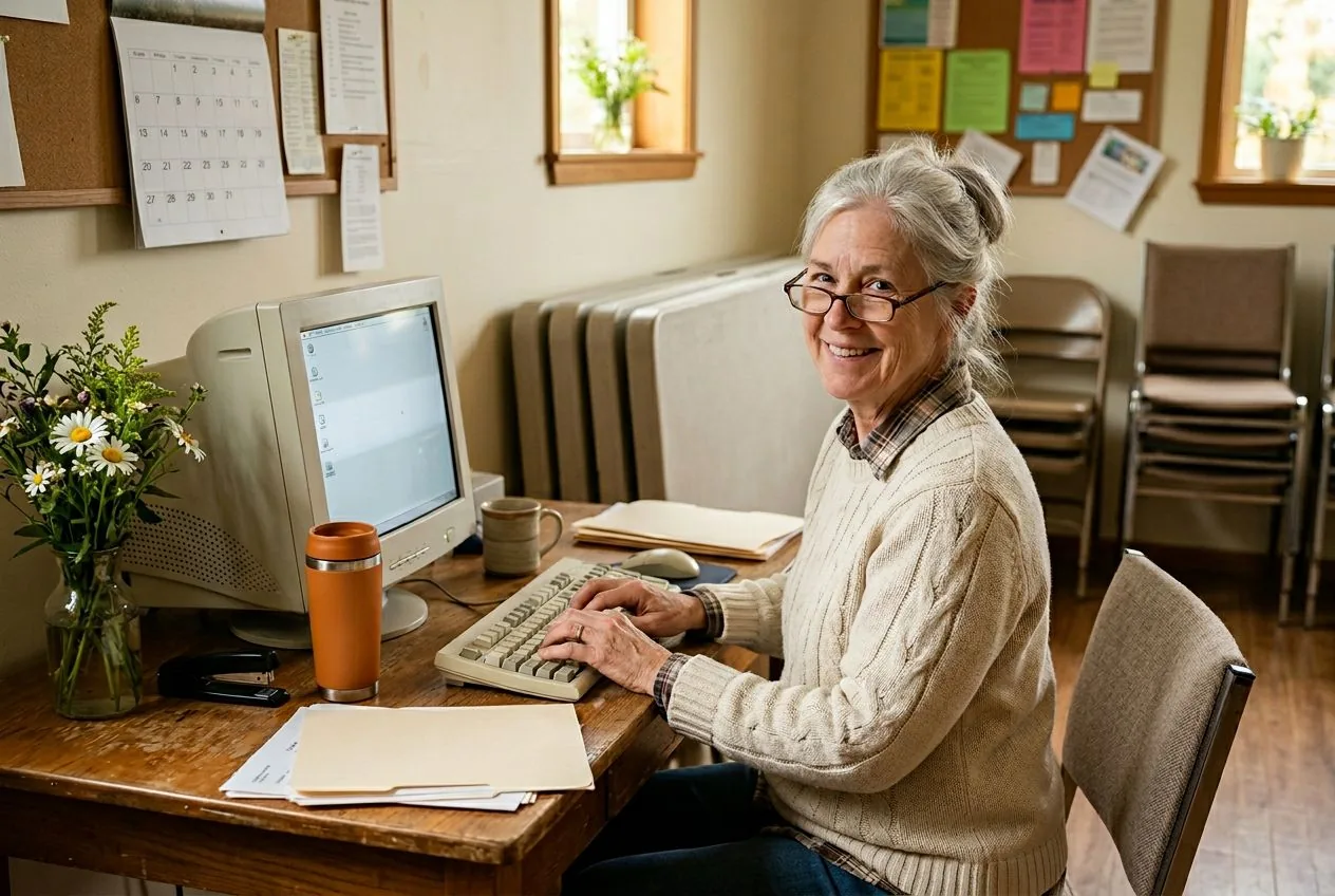 Small church office with volunteer administrator at desk, KORE1 church payroll for small congregations