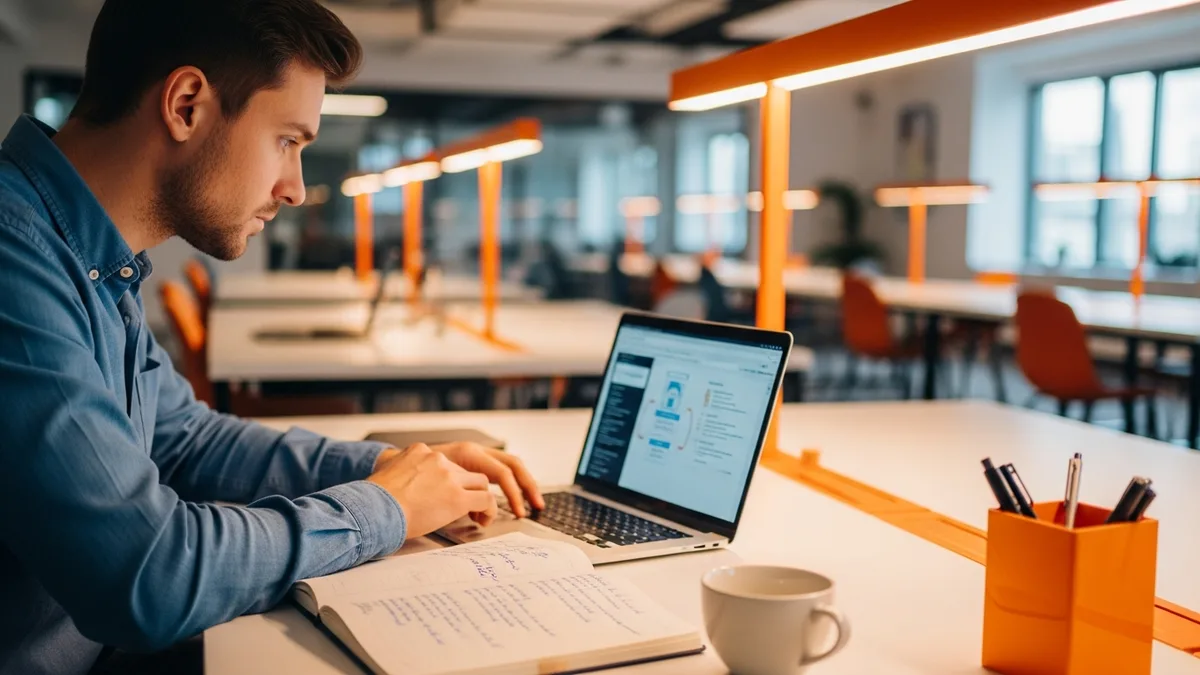 Professional studying for cybersecurity certification at a modern workspace with laptop and training materials