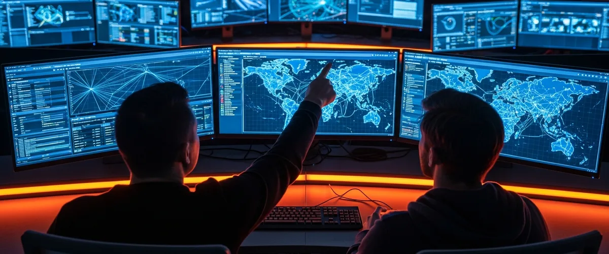 Security operations center with multiple monitors displaying cybersecurity dashboards and threat detection systems