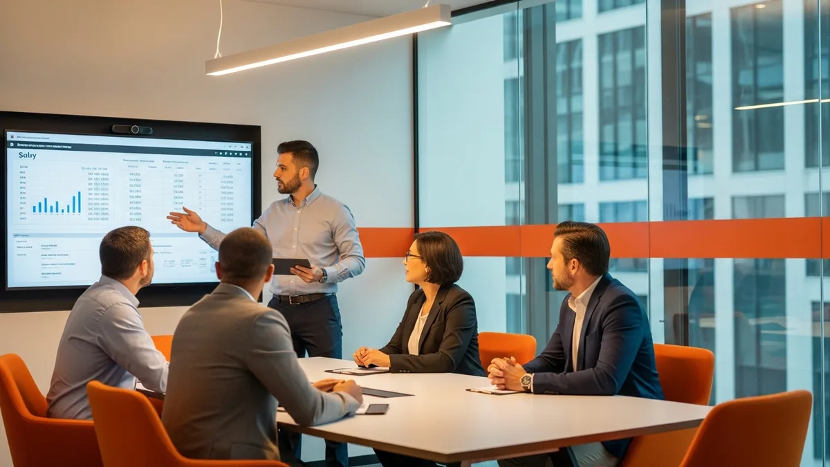 Cybersecurity team meeting reviewing SOC analyst salary data and career progression in a conference room