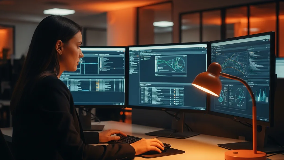 SOC analyst monitoring SIEM dashboards and triaging security alerts at a modern workstation