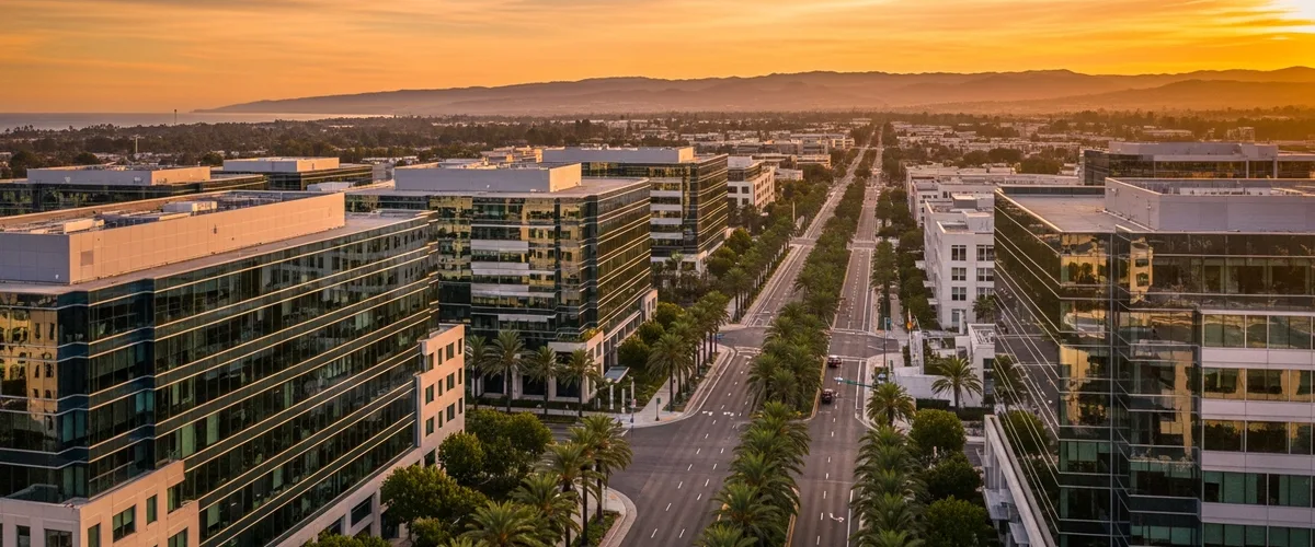 Orange County California technology office district at golden hour representing 2026 SoCal IT staffing salary trends