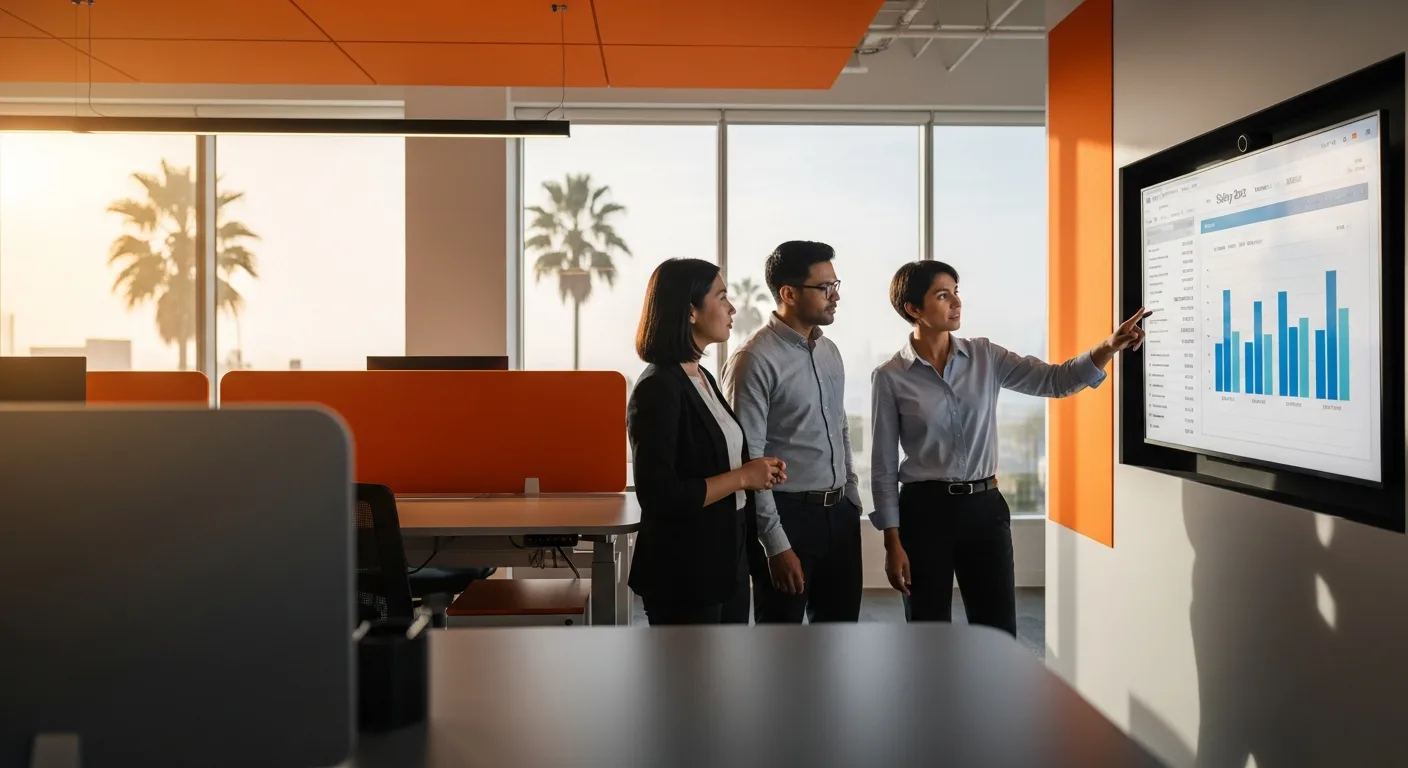 IT hiring team reviewing Southern California salary trend data on a wall display in a modern tech office