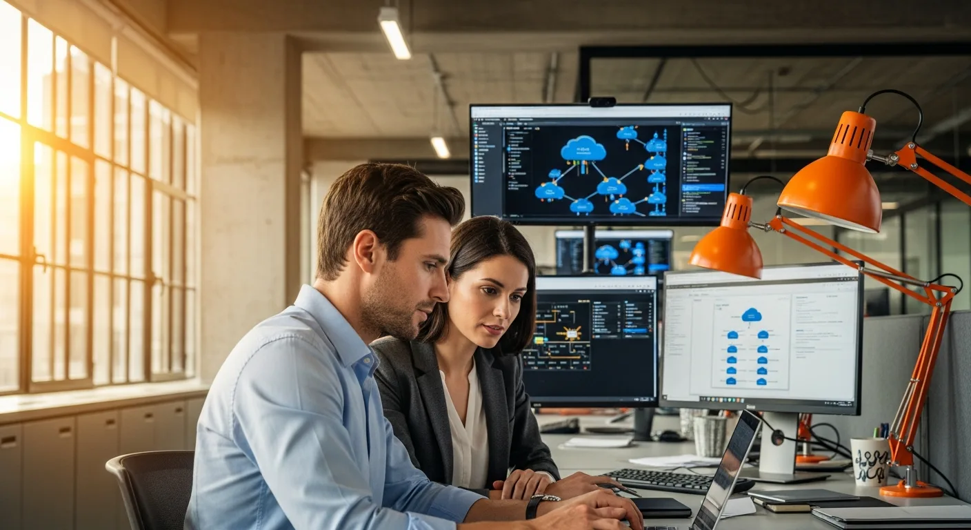 Two cloud solutions architects collaborating on infrastructure design at a shared workspace