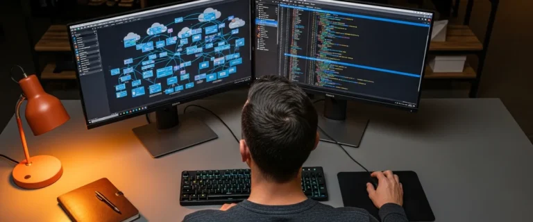 Solutions architect working at dual-monitor workstation with cloud architecture diagrams and infrastructure code
