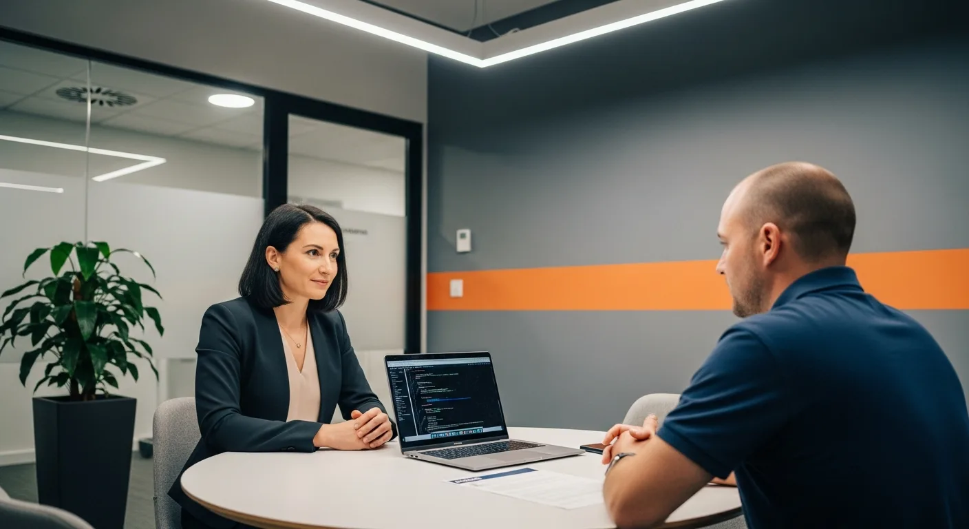 Hiring manager conducting a technical interview with a solutions architect candidate in a modern meeting room