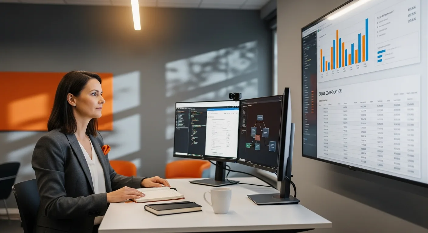 Senior solutions architect reviewing salary compensation data and benchmark charts at a standing desk