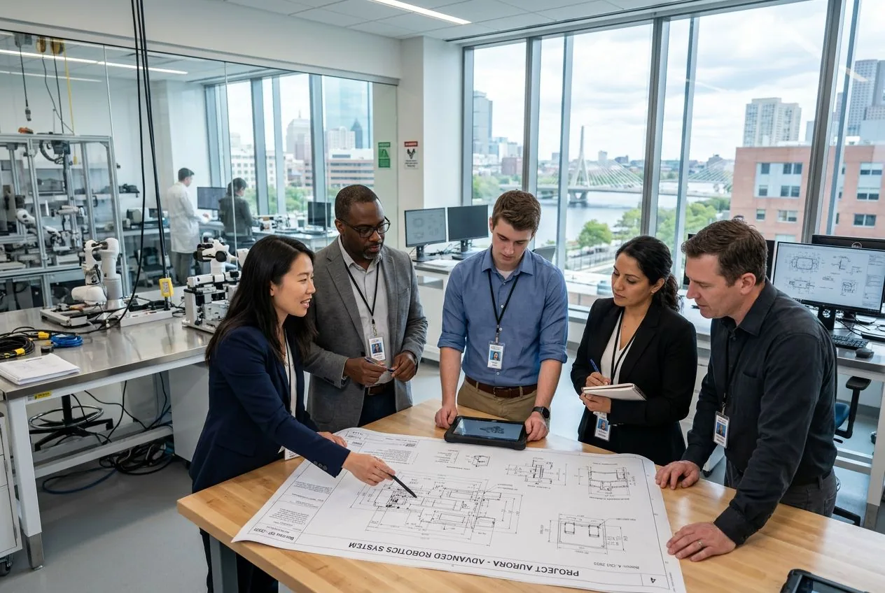 Engineering team reviewing technical plans in a Boston research facility