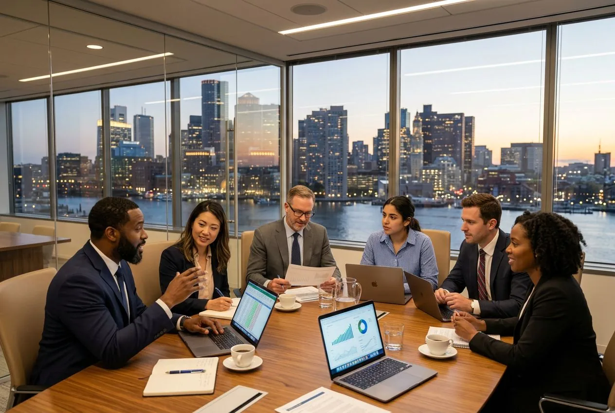 Finance professionals collaborating in a Boston financial district office