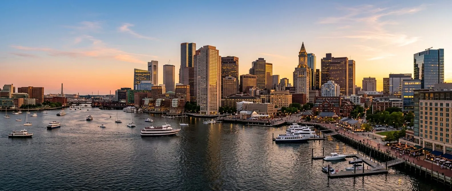 Boston skyline and harbor waterfront with professional staffing team