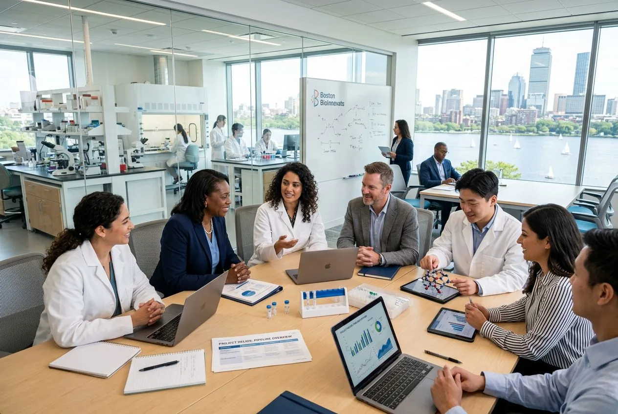 Biotech and financial professionals collaborating in a Boston office