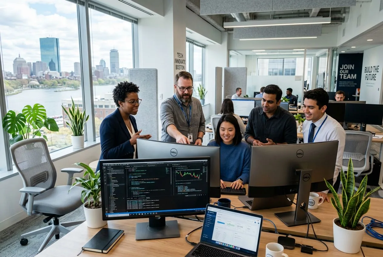 IT professionals working in a modern Boston tech office