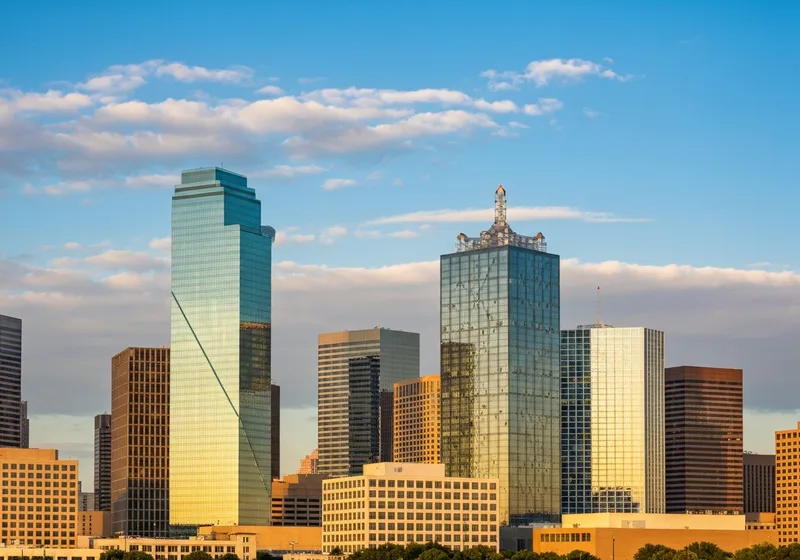 Dallas skyline and modern office district with professional staffing team