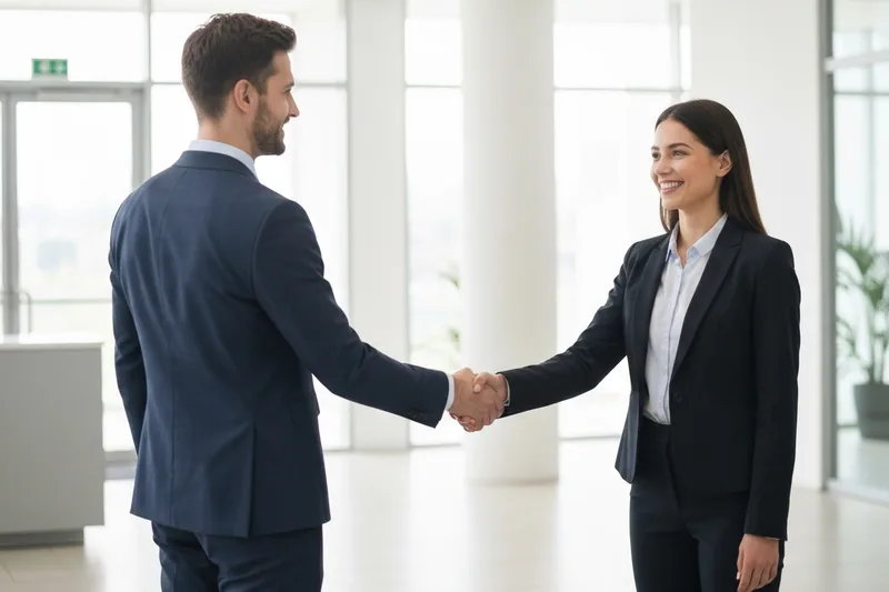 Hiring manager welcoming new employee in a Dallas office