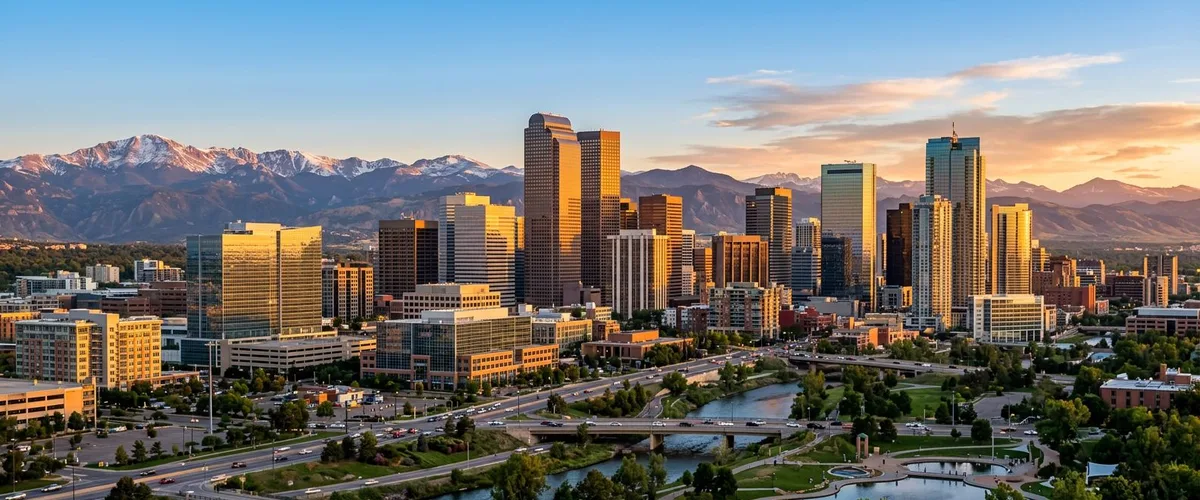 Denver skyline with Rocky Mountains and modern downtown office buildings