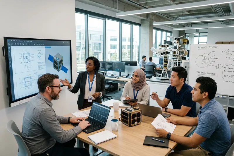 Denver aerospace and technology professionals collaborating in a modern workspace
