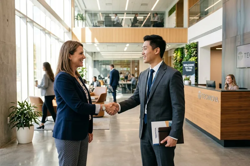 Hiring manager welcoming a new team member in a Denver office