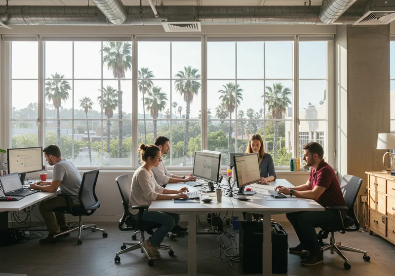 Diverse team of professionals working together in a Los Angeles coworking space with palm trees visible outside
