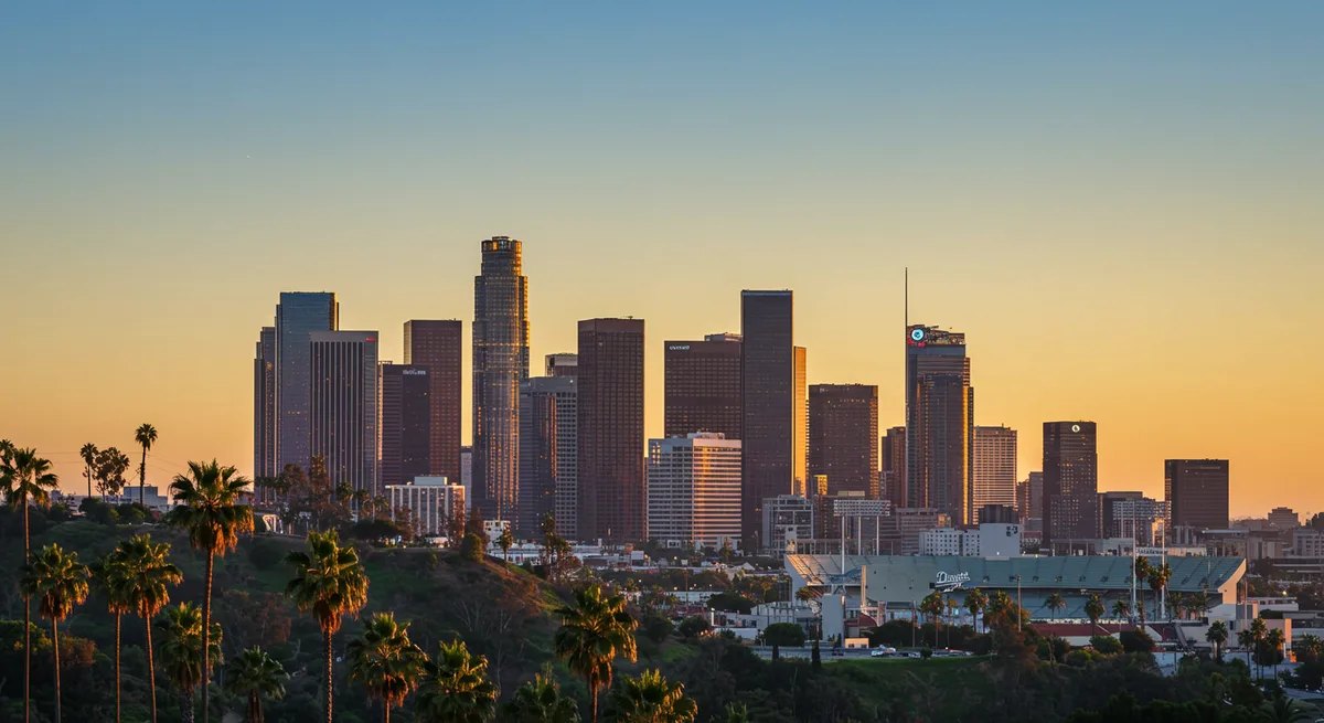 Downtown Los Angeles skyline at golden hour with modern office buildings