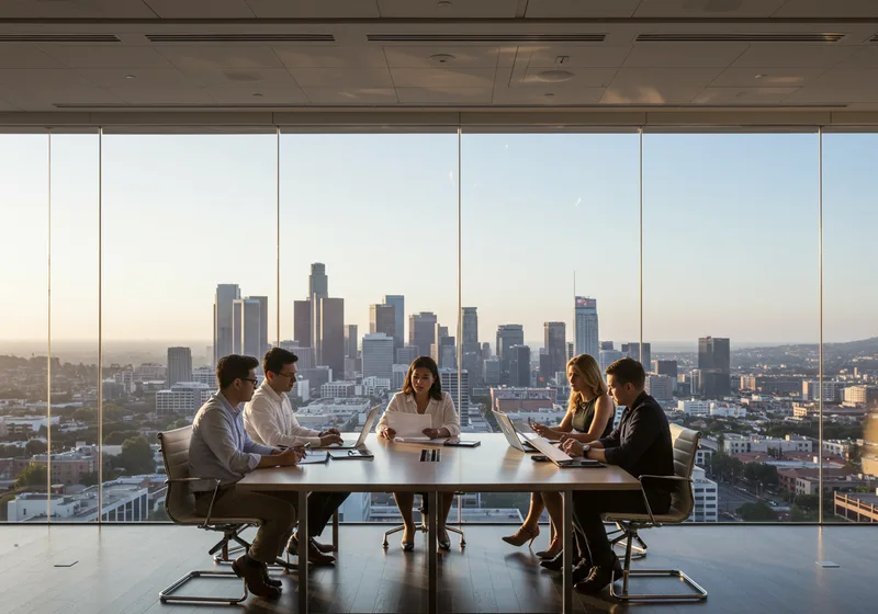Los Angeles professionals collaborating in a modern office with city views