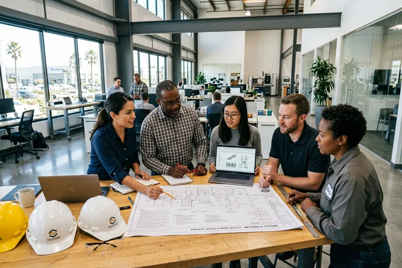Engineering team reviewing technical plans in an Orange County facility