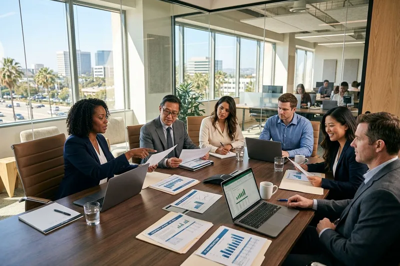 Accounting and finance professionals working together in an Orange County office