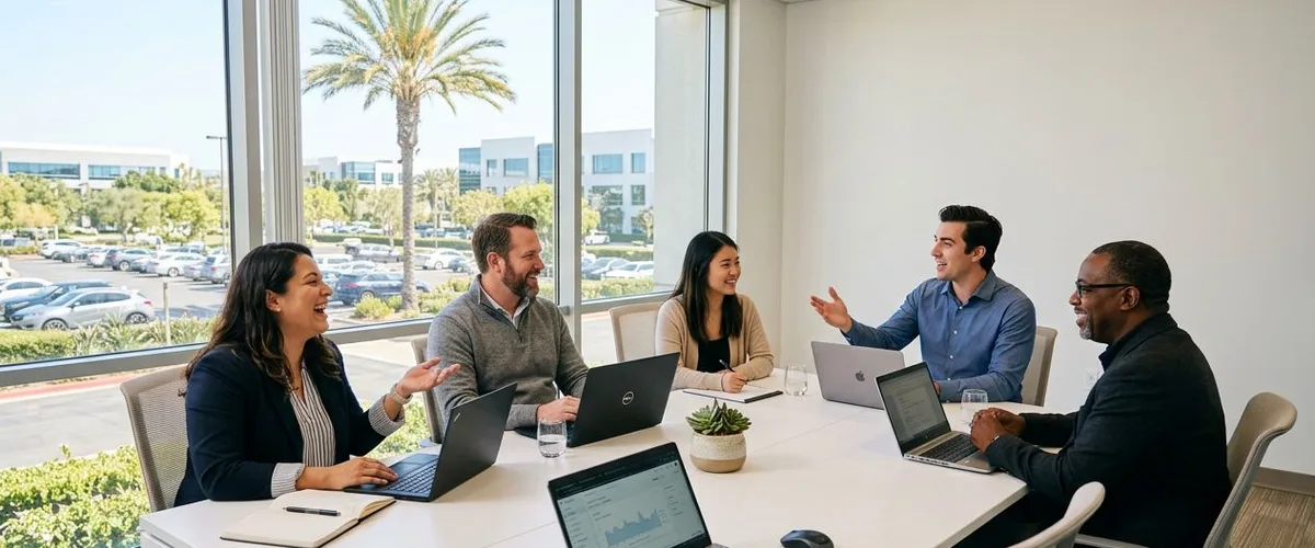 Professional staffing team collaborating in a modern Orange County office