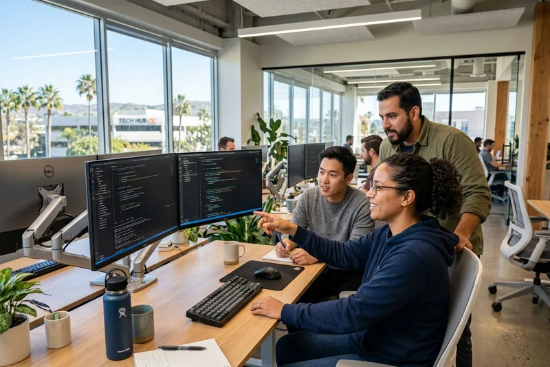IT professionals collaborating in a modern Orange County tech office