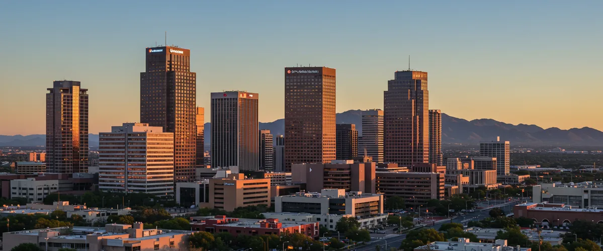 Phoenix Arizona skyline with modern office buildings and Camelback Mountain